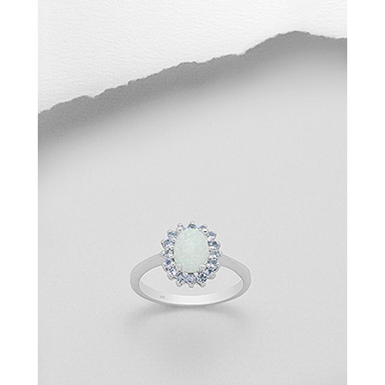 Bague en argent 925, décorée de tanzanites et d'opale