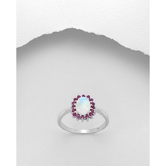 Bague en argent 925, décorée de rhodolites et d'opale éthiopienne