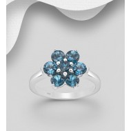 Bague fleur argent 925, ornée de topaze blue London