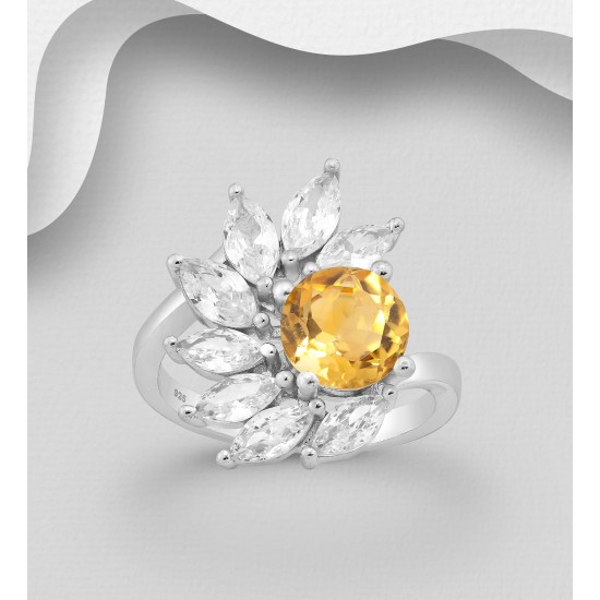 Bague en argent 925, ornée de diamants simulés CZ et d'une citrine