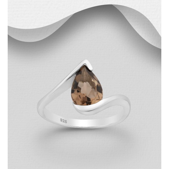 Bague solitaire poire en argent 925, décorée de quartz fumé