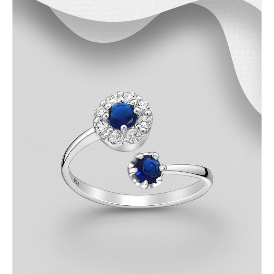 Bague ajustable argent 925, ornée de diamants simulés CZ Bleu