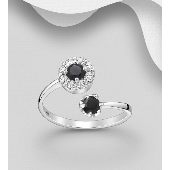 Bague ajustable argent 925, ornée de diamants simulés CZ Noir