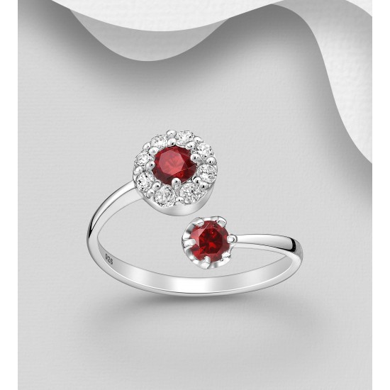 Bague ajustable argent 925, ornée de diamants simulés CZ Rouge