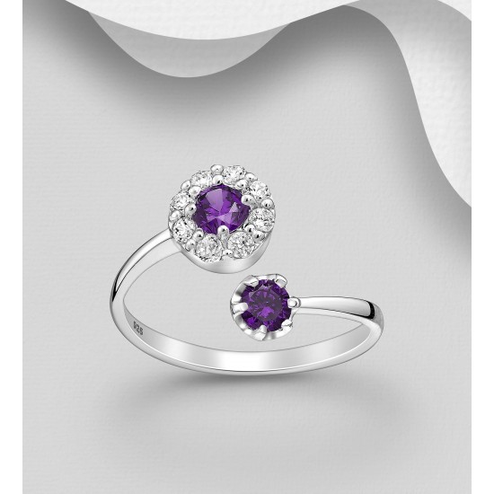 Bague ajustable argent 925, ornée de diamants simulés CZ VIolet