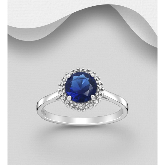 Bague  argent 925 Rhodié ornée de  diamants simulés CZ Bleu