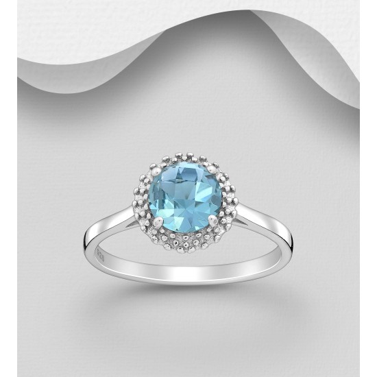 Bague  argent 925 Rhodié ornée de  diamants simulés CZ Bleu ciel