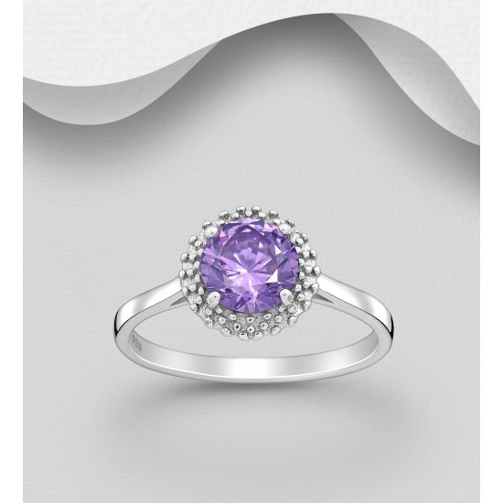 Bague  argent 925 Rhodié ornée de  diamants simulés CZ Violet