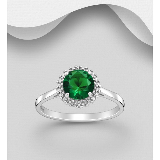 Bague  argent 925 Rhodié ornée de  diamants simulés CZ Vert