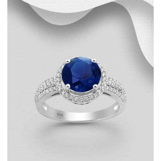 Bague halo  en argent  925 ornée de diamants simulés CZ Bleu