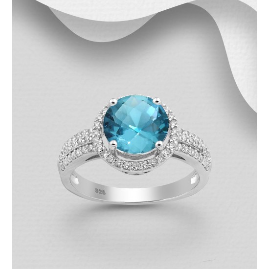 Bague halo  en argent  925 ornée de diamants simulés CZ Bleu ciel