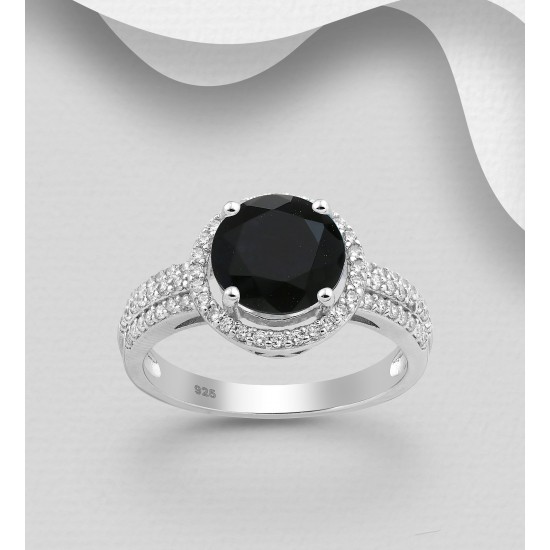 Bague halo  en argent  925 ornée de diamants simulés CZ Noir