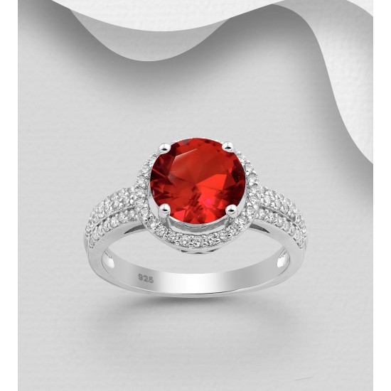 Bague halo  en argent  925 ornée de diamants simulés CZ Rouge