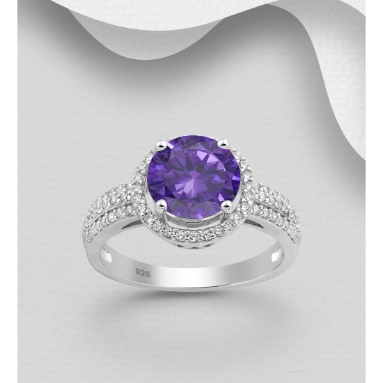 Bague halo  en argent  925 ornée de diamants simulés CZ Violet