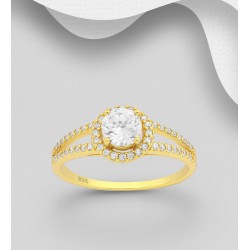 Bague halo argent 925 avec diamants simulés CZ, plaquée d'or jaune 18 carats de 1 micron