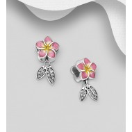 Beads fleur et feuille argent 925 décorée d'émail coloré et de CZ