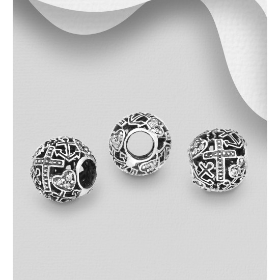 Beads Ancre oxydée, croix et cœur  argent  925, ornée de diamants simulés CZ 