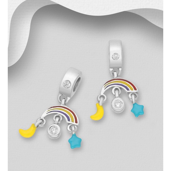 Beads lune, arc-en-ciel et étoile en argent 925, décorée d'émail coloré et de diamants simulés CZ