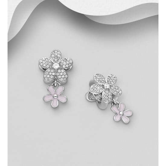 Beads fleur argent 925, décorée de diamants simulés CZ et d'émail coloré 