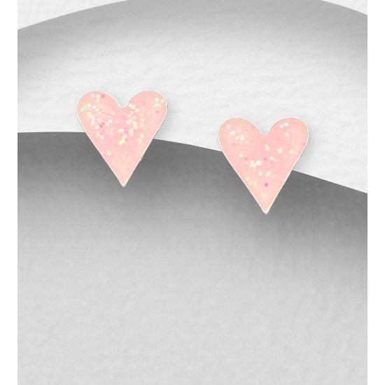 Boucles d'oreilles en forme de cœur argent 925, décorées d'émail Rose claire