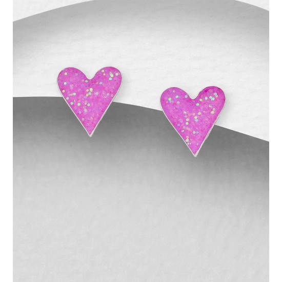 Boucles d'oreilles en forme de cœur argent 925, décorées d'émail Violet