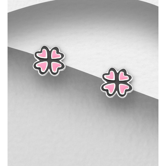 Boucles d'oreilles en argent 925 avec trèfle, décorées d'émail C2