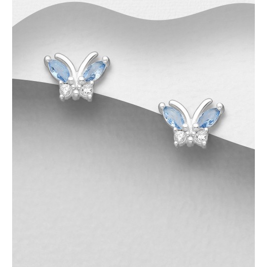 Boucles d'oreilles papillon argent 925, décorées avec diamants simulés CZ Bleu