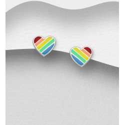 Boucles d'Oreilles Push-Back Coeur Argent 925, Ornées d'émail coloré