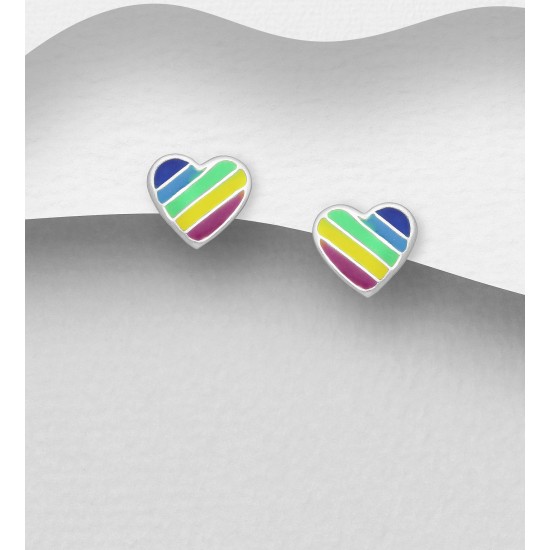 Boucles d'Oreilles Push-Back Coeur Argent 925, Ornées d'émail de Couleur C2