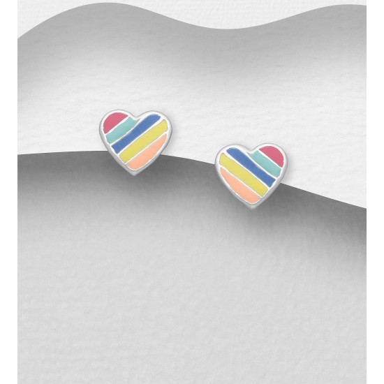 Boucles d'Oreilles Push-Back Coeur Argent 925, Ornées d'émail de Couleur C3