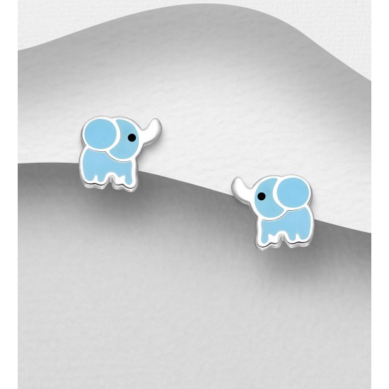 Boucles d'oreilles push-back éléphant argent 925, décorées d'émail Bleu
