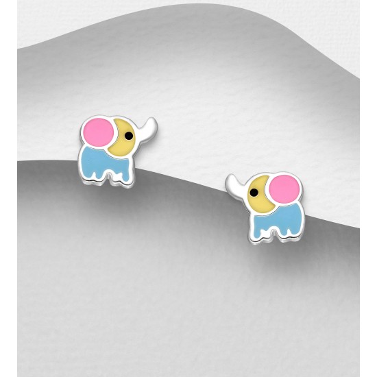 Boucles d'oreilles push-back éléphant argent 925, décorées d'émail coloré