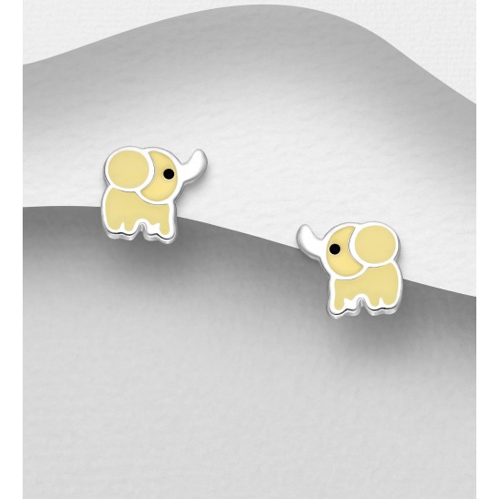 Boucles d'oreilles push-back éléphant argent 925, décorées d'émail jaune