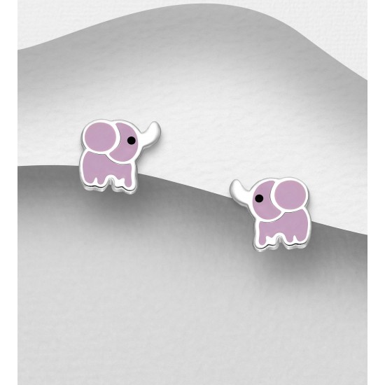 Boucles d'oreilles push-back éléphant argent 925, décorées d'émail Rose