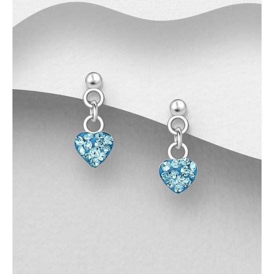 Boucles d'Oreilles Push-Back Cœur Argent 925 Ornées de Cristal Bleu