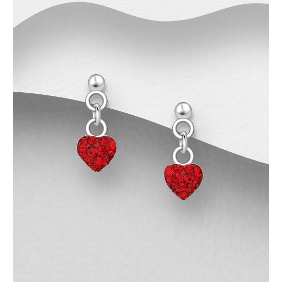 Boucles d'Oreilles Push-Back Cœur Argent 925 Ornées de Cristal Rouge