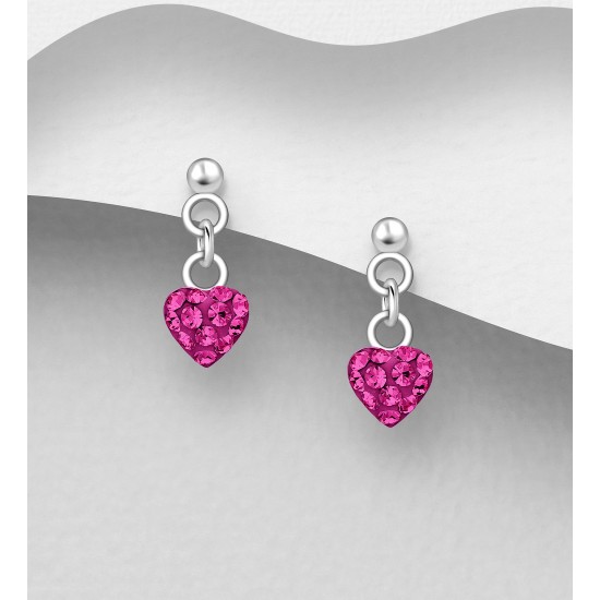 Boucles d'Oreilles Push-Back Cœur Argent 925 Ornées de Cristal Rose