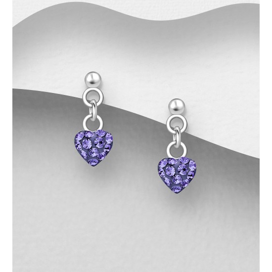 Boucles d'Oreilles Push-Back Cœur Argent 925 Ornées de Cristal Tanzanite