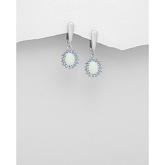Boucles d'oreilles argent 925, ornées de Tanzanites et d'une opale Boucles d'oreilles argent 925, ornées de Tanzanites et d'une opale