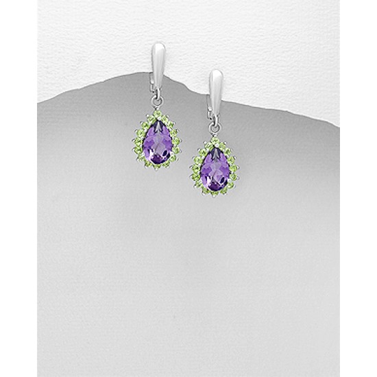 Boucles d'oreilles argent 925, décorées d'améthyste et de péridots en forme de poire