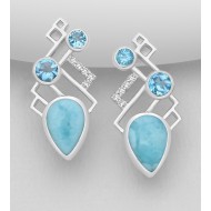 Boucles d'oreilles argent 925,  CZ, Larimar et topaze bleu ciel 