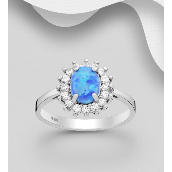 Bague en argent 925 décorée de CZ et d'opale bleu  créée en laboratoire