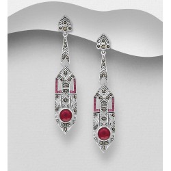 Boucles d'oreilles push-back argent 925 ornées de diamants simulés CZ Rouge et de marcassite