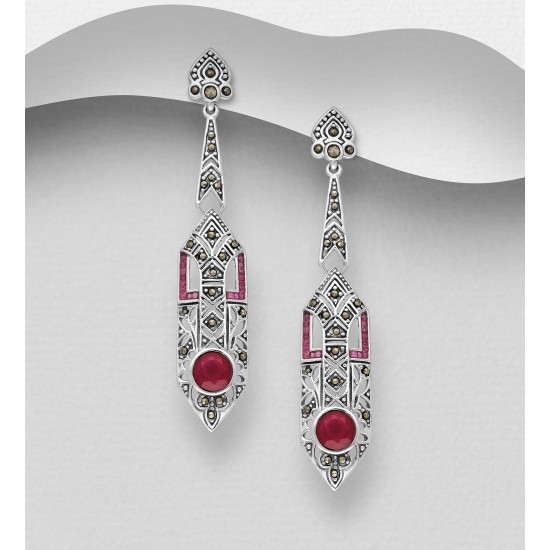 Boucles d'oreilles push-back argent 925 ornées de diamants simulés CZ Rouge et de marcassite