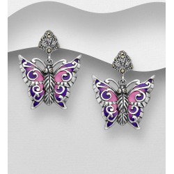 Boucles d'oreilles papillon argent 925, décorées d'émail colorés et de marcassite