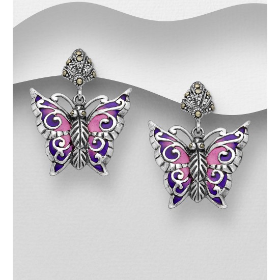 Boucles d'oreilles papillon push-back argent 925, décorées d'émail coloré Violet et de marcassite
