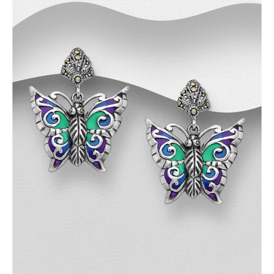 Boucles d'oreilles papillon push-back argent 925, décorées d'émail coloré Mauve et de marcassite