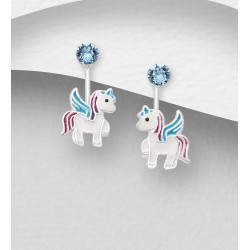 Boucles d'oreilles argent Licorne-Pégase, décorées d'émail coloré et de cristal