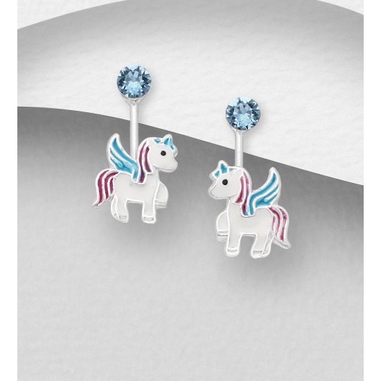 Boucles d'oreilles argent Licorne-Pégase, décorées d'émail coloré et de cristal