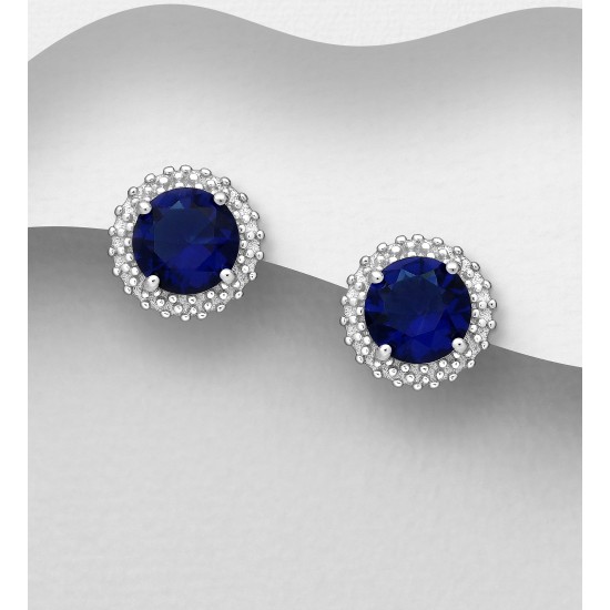 Boucles d'oreilles argent 925 Rhodié ornées de diamants simulés CZ Bleu